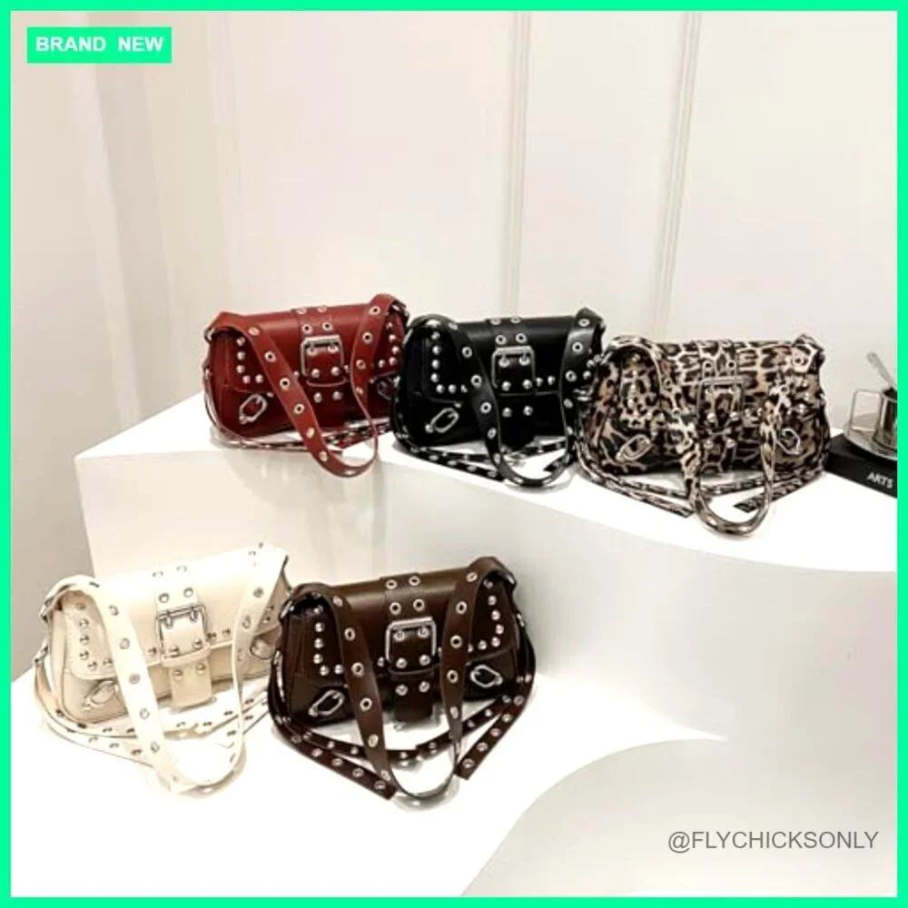 Studded Rivet Punk Hobo Shoulder Bag PU Leather Small Clutch Purse